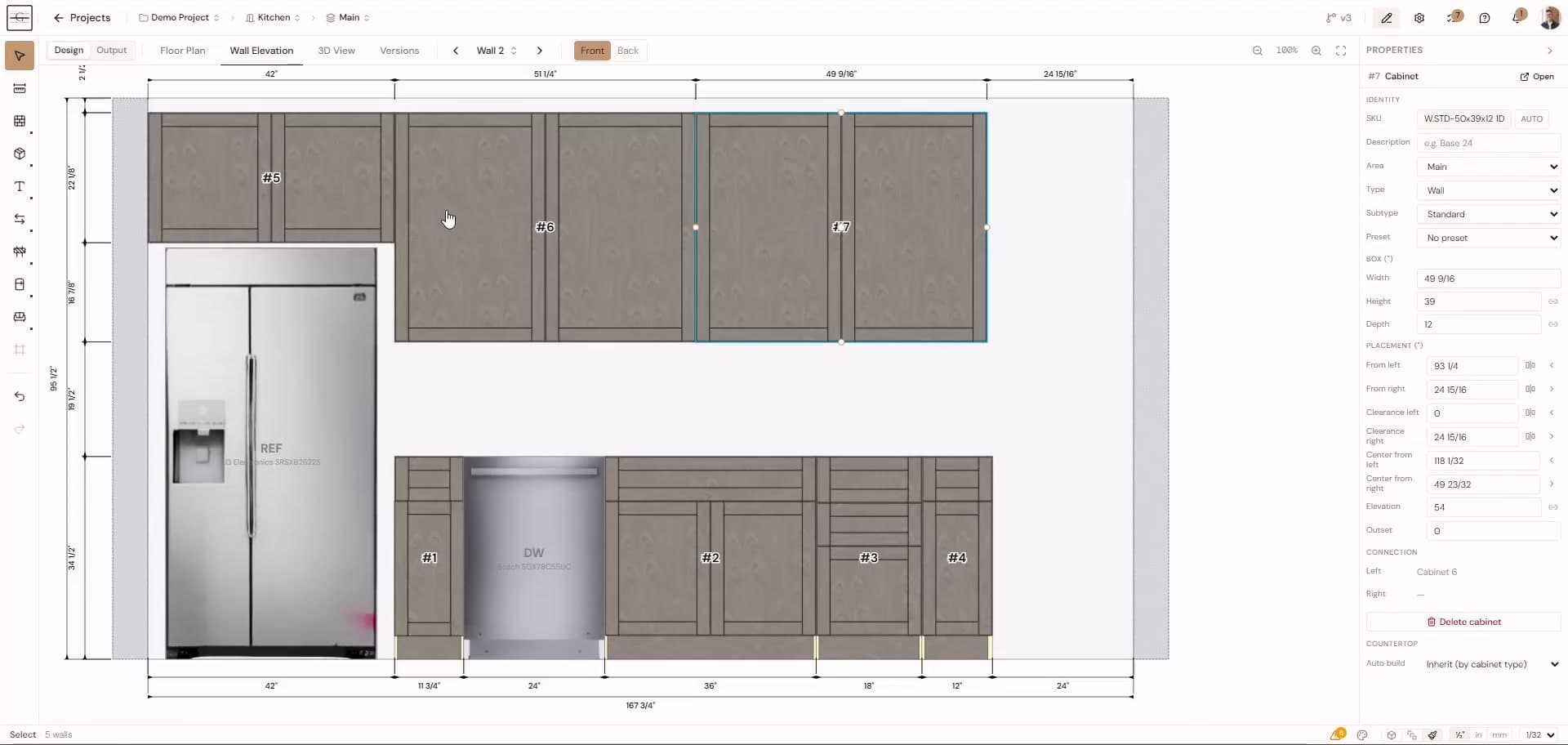 Grainwork cabinet design with a dimensioned kitchen elevation and cabinet size settings